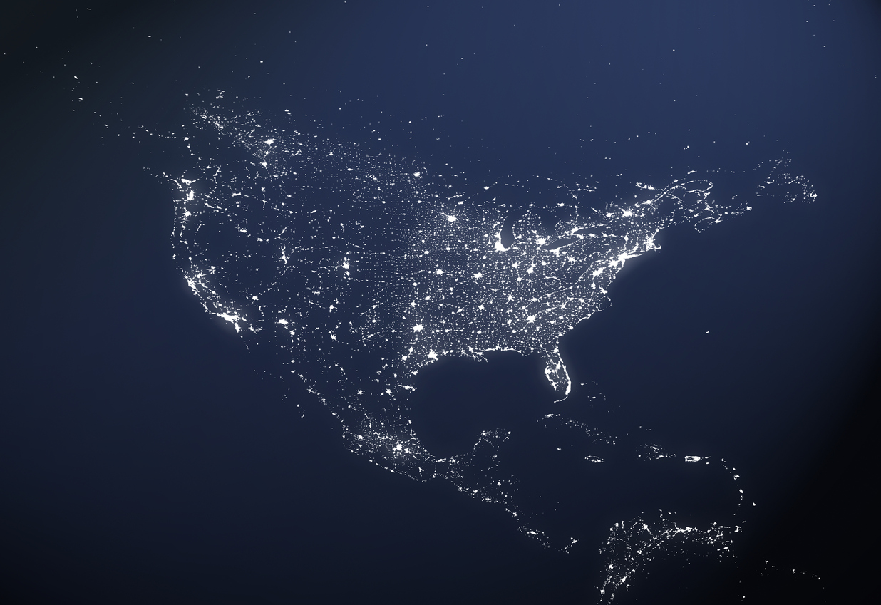 City lights in North America as seen from space.