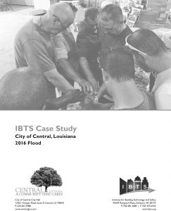 City of Central 2016 Flood case study cover, with title and an image of Central employees in a huddle/prayer circle. 