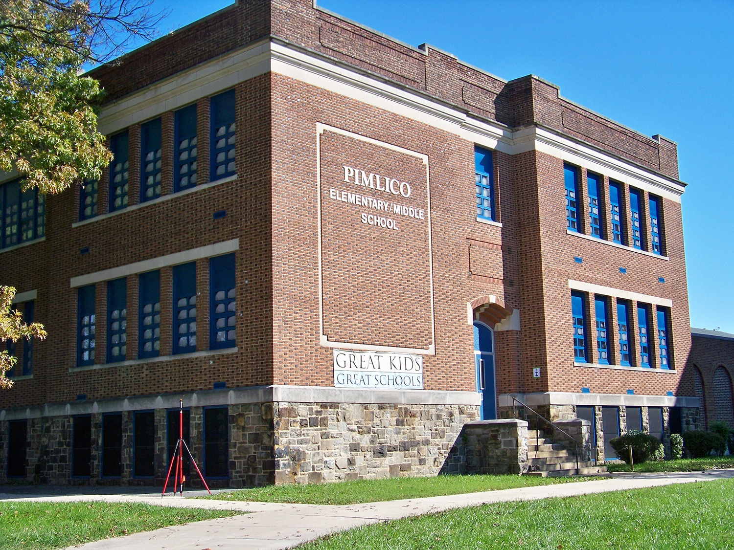 A photo of the exterior of Pimlico Elementary School in Baltimore, MD